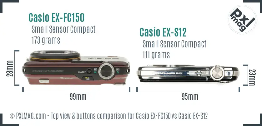 Casio EX-FC150 vs Casio EX-S12 top view buttons comparison