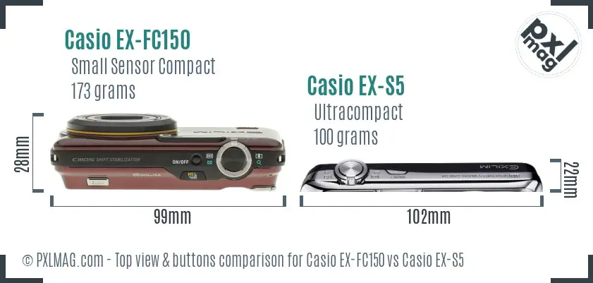 Casio EX-FC150 vs Casio EX-S5 top view buttons comparison