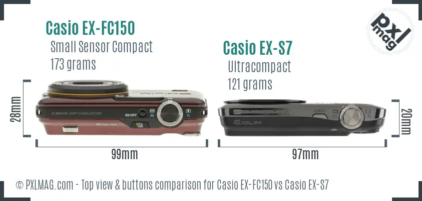 Casio EX-FC150 vs Casio EX-S7 top view buttons comparison