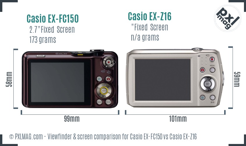 Casio EX-FC150 vs Casio EX-Z16 Screen and Viewfinder comparison