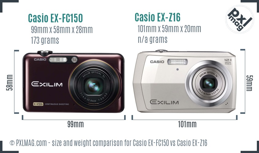 Casio EX-FC150 vs Casio EX-Z16 size comparison