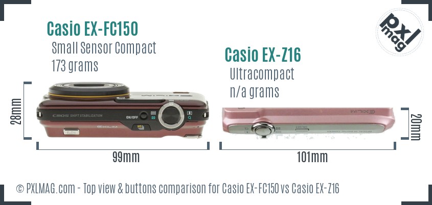 Casio EX-FC150 vs Casio EX-Z16 top view buttons comparison