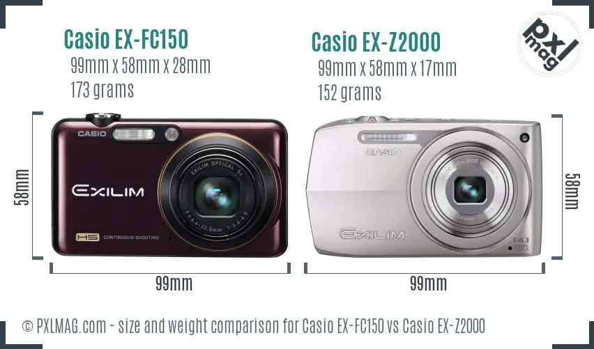 Casio EX-FC150 vs Casio EX-Z2000 size comparison