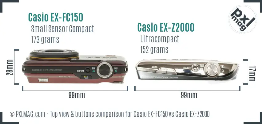Casio EX-FC150 vs Casio EX-Z2000 top view buttons comparison