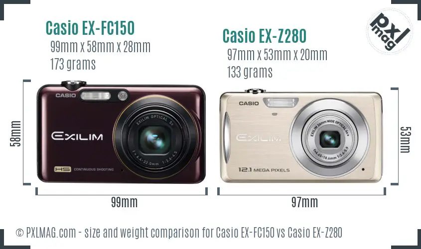 Casio EX-FC150 vs Casio EX-Z280 size comparison