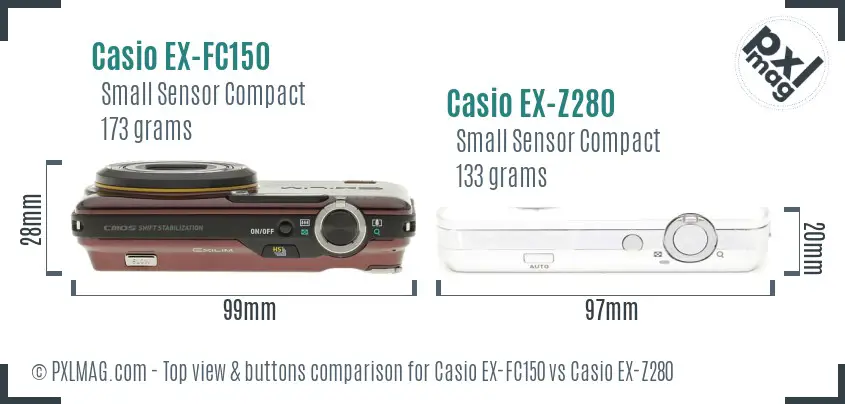 Casio EX-FC150 vs Casio EX-Z280 top view buttons comparison