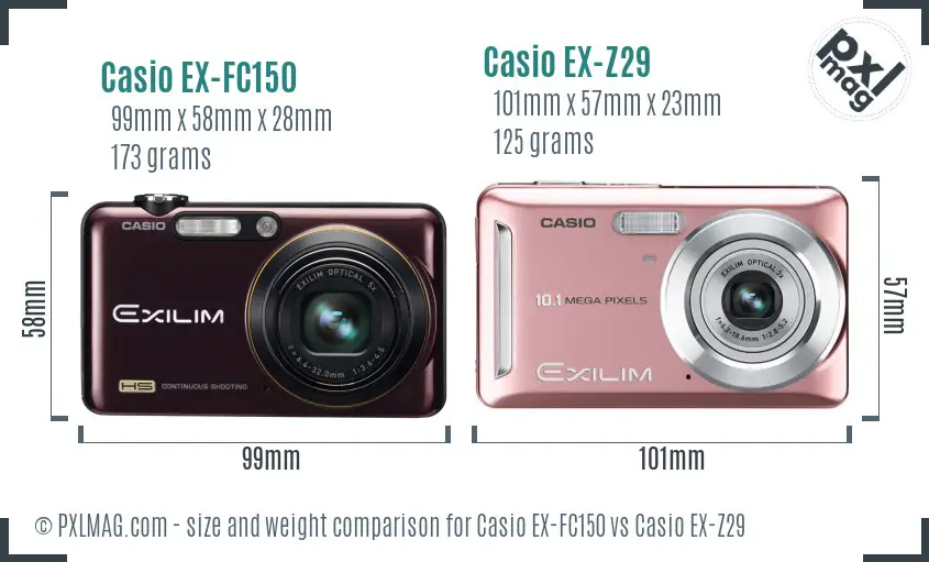 Casio EX-FC150 vs Casio EX-Z29 size comparison