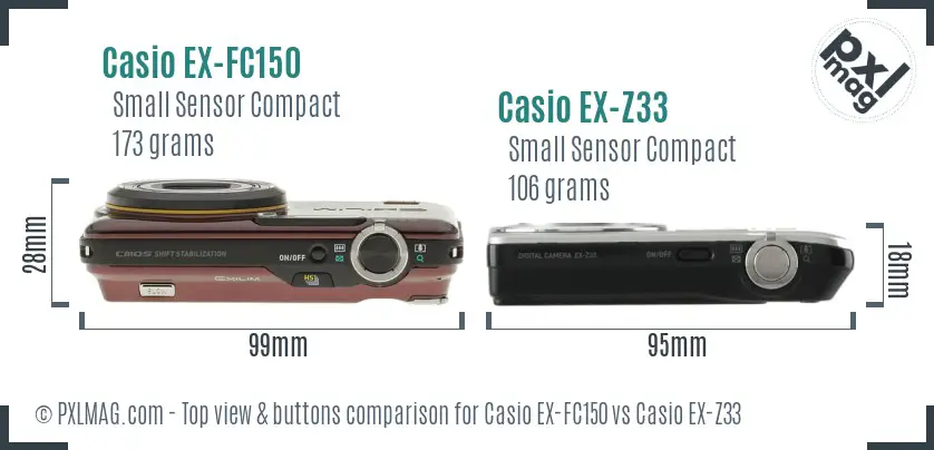 Casio EX-FC150 vs Casio EX-Z33 top view buttons comparison