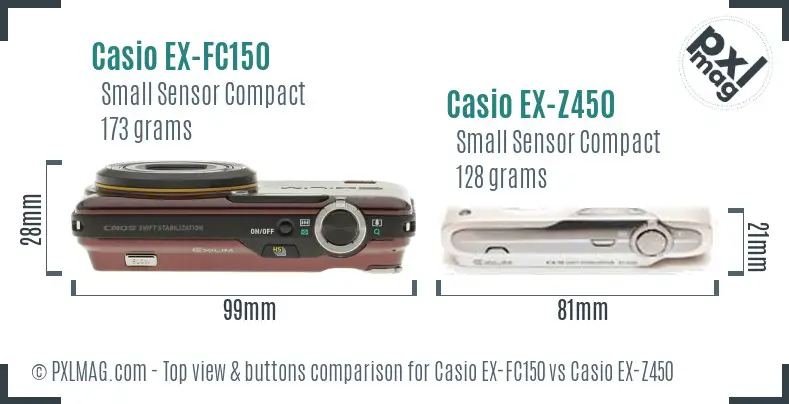 Casio EX-FC150 vs Casio EX-Z450 top view buttons comparison