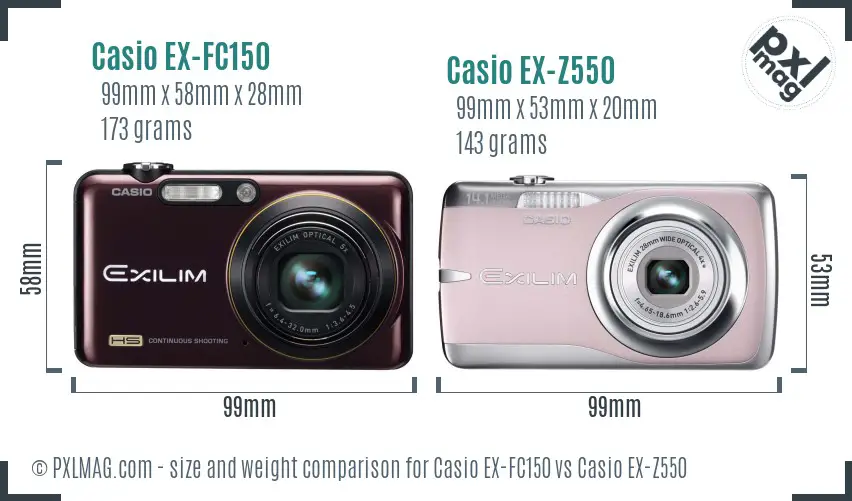 Casio EX-FC150 vs Casio EX-Z550 size comparison