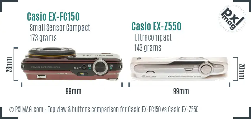 Casio EX-FC150 vs Casio EX-Z550 top view buttons comparison