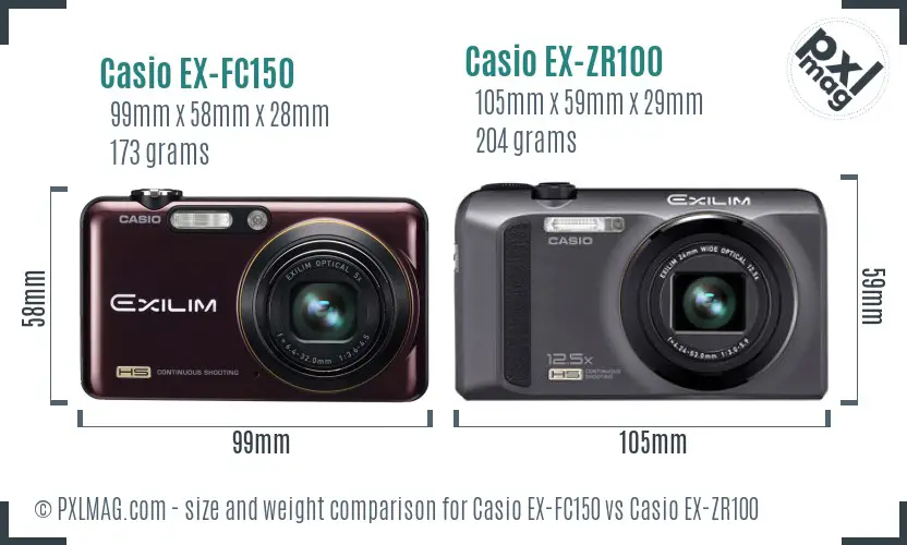 Casio EX-FC150 vs Casio EX-ZR100 size comparison