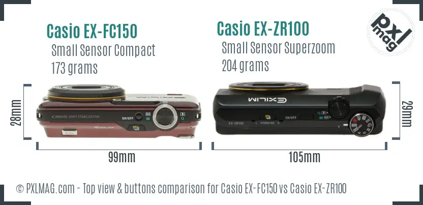 Casio EX-FC150 vs Casio EX-ZR100 top view buttons comparison