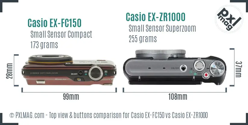 Casio EX-FC150 vs Casio EX-ZR1000 top view buttons comparison