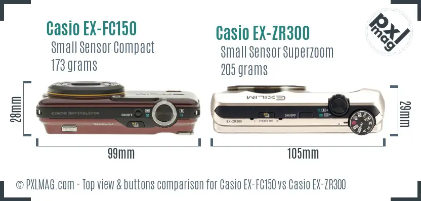 Casio EX-FC150 vs Casio EX-ZR300 top view buttons comparison