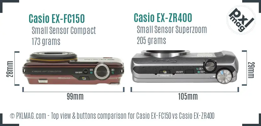 Casio EX-FC150 vs Casio EX-ZR400 top view buttons comparison