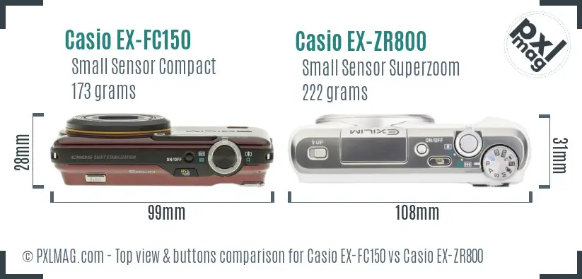 Casio EX-FC150 vs Casio EX-ZR800 top view buttons comparison