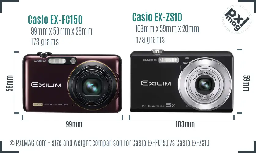 Casio EX-FC150 vs Casio EX-ZS10 size comparison
