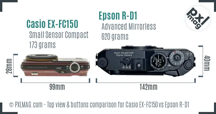 Casio EX-FC150 vs Epson R-D1 top view buttons comparison Casio EX-FC150 vs Epson R-D1 top view buttons comparison