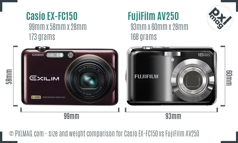 Casio EX-FC150 vs FujiFilm AV250 size comparison