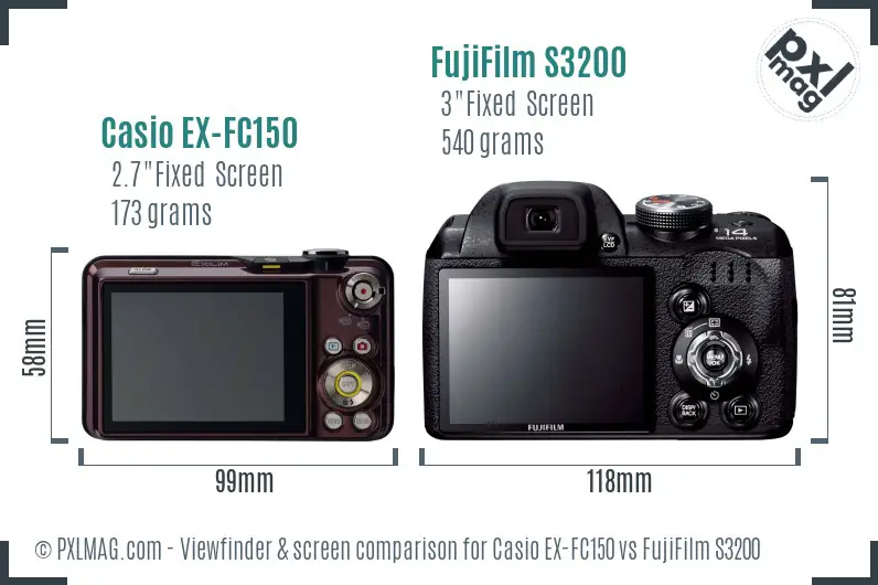 Casio EX-FC150 vs FujiFilm S3200 Screen and Viewfinder comparison
