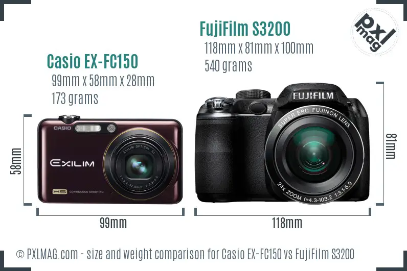 Casio EX-FC150 vs FujiFilm S3200 size comparison