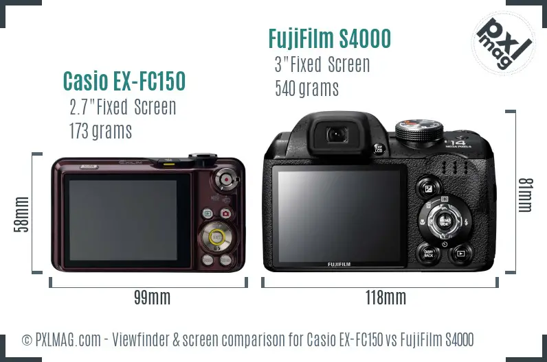 Casio EX-FC150 vs FujiFilm S4000 Screen and Viewfinder comparison