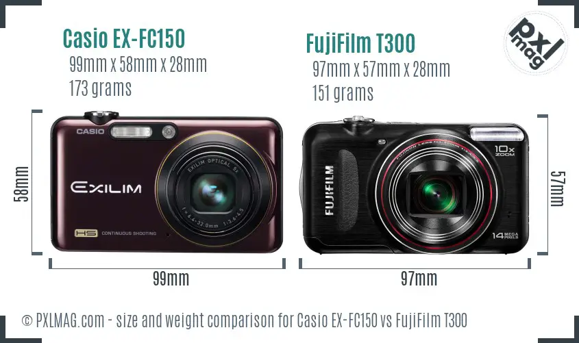 Casio EX-FC150 vs FujiFilm T300 size comparison