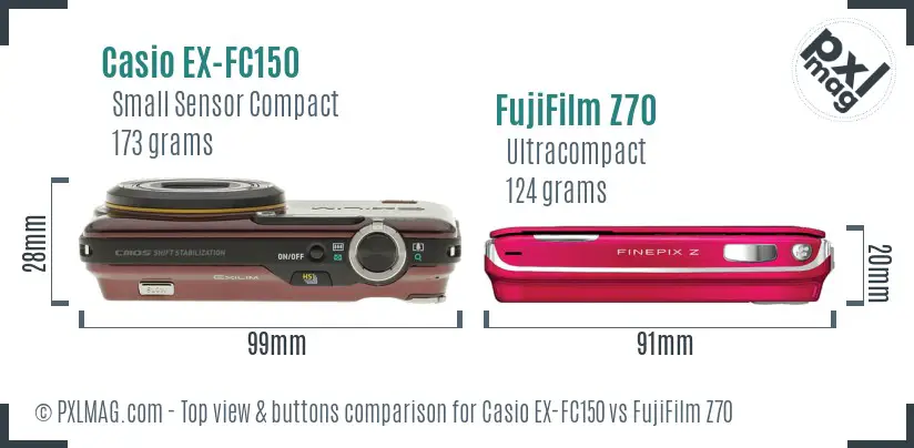 Casio EX-FC150 vs FujiFilm Z70 top view buttons comparison Casio EX-FC150 vs FujiFilm Z70 top view buttons comparison