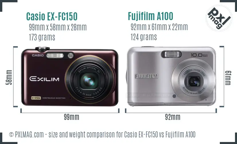 Casio EX-FC150 vs Fujifilm A100 size comparison