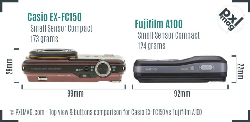 Casio EX-FC150 vs Fujifilm A100 top view buttons comparison