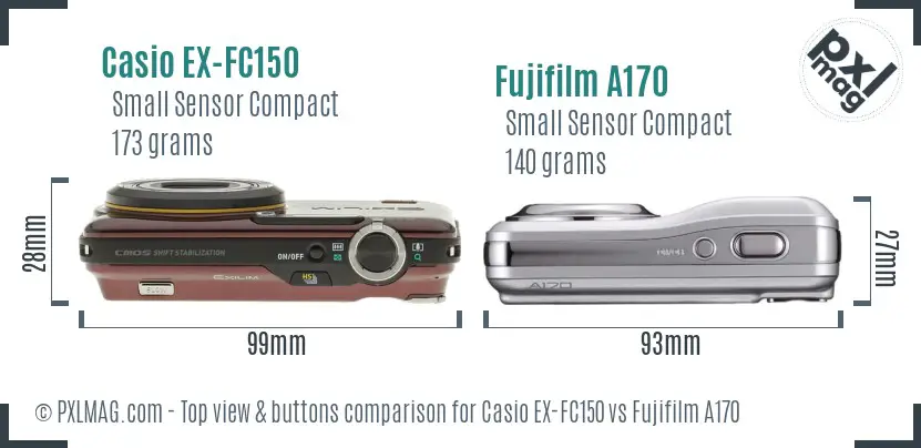 Casio EX-FC150 vs Fujifilm A170 top view buttons comparison Casio EX-FC150 vs Fujifilm A170 top view buttons comparison