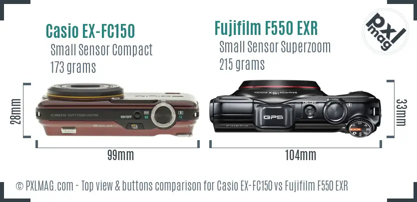 Casio EX-FC150 vs Fujifilm F550 EXR top view buttons comparison Casio EX-FC150 vs Fujifilm F550 EXR top view buttons comparison