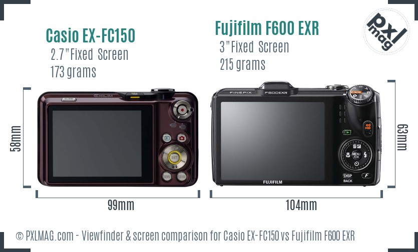 Casio EX-FC150 vs Fujifilm F600 EXR Screen and Viewfinder comparison