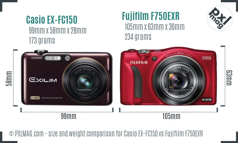 Casio EX-FC150 vs Fujifilm F750EXR size comparison
