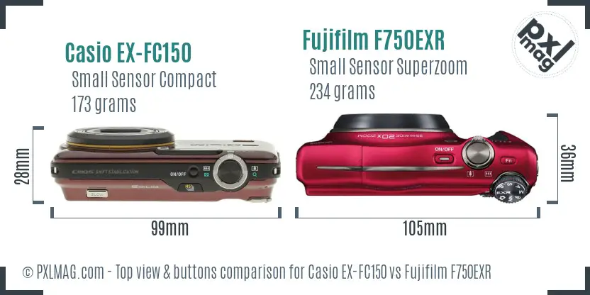 Casio EX-FC150 vs Fujifilm F750EXR top view buttons comparison