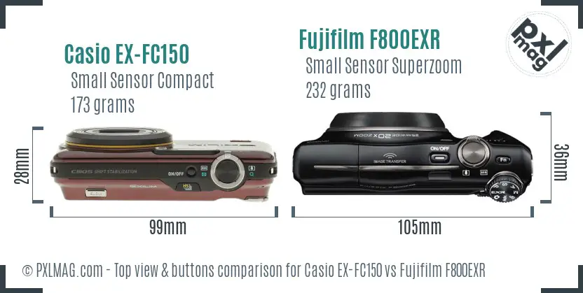 Casio EX-FC150 vs Fujifilm F800EXR top view buttons comparison