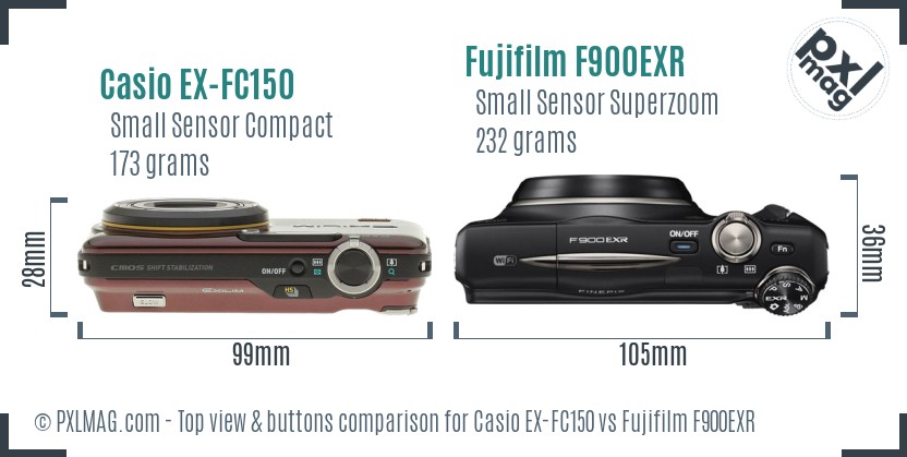 Casio EX-FC150 vs Fujifilm F900EXR top view buttons comparison