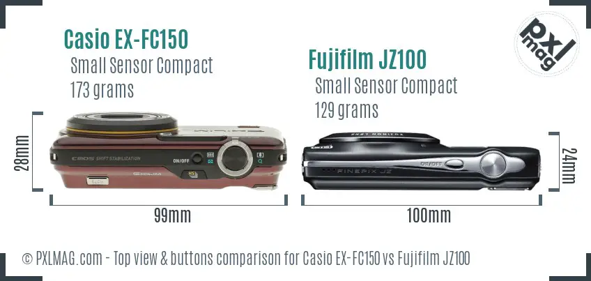 Casio EX-FC150 vs Fujifilm JZ100 top view buttons comparison Casio EX-FC150 vs Fujifilm JZ100 top view buttons comparison