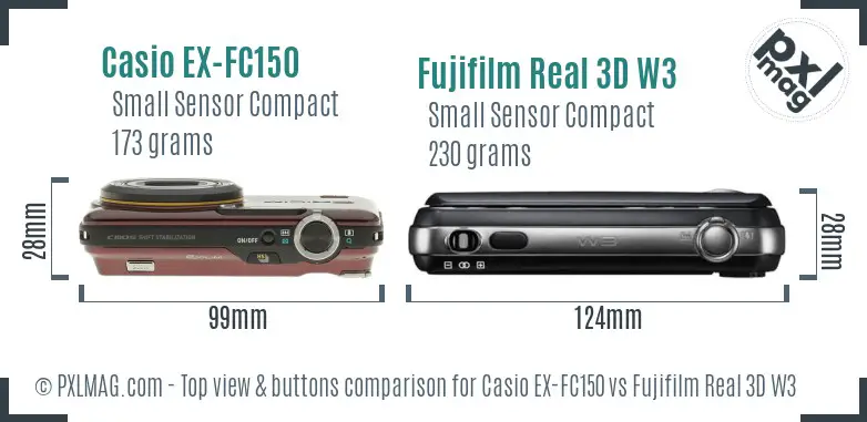 Casio EX-FC150 vs Fujifilm Real 3D W3 top view buttons comparison Casio EX-FC150 vs Fujifilm Real 3D W3 top view buttons comparison