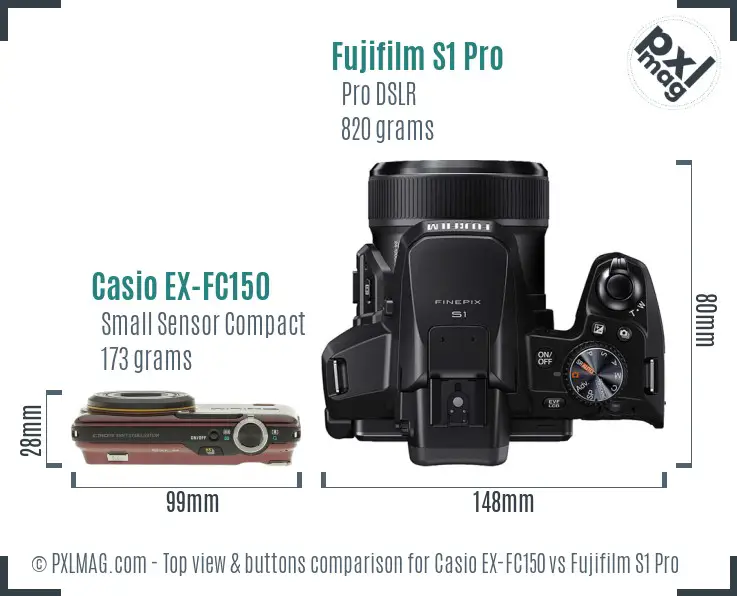 Casio EX-FC150 vs Fujifilm S1 Pro top view buttons comparison Casio EX-FC150 vs Fujifilm S1 Pro top view buttons comparison