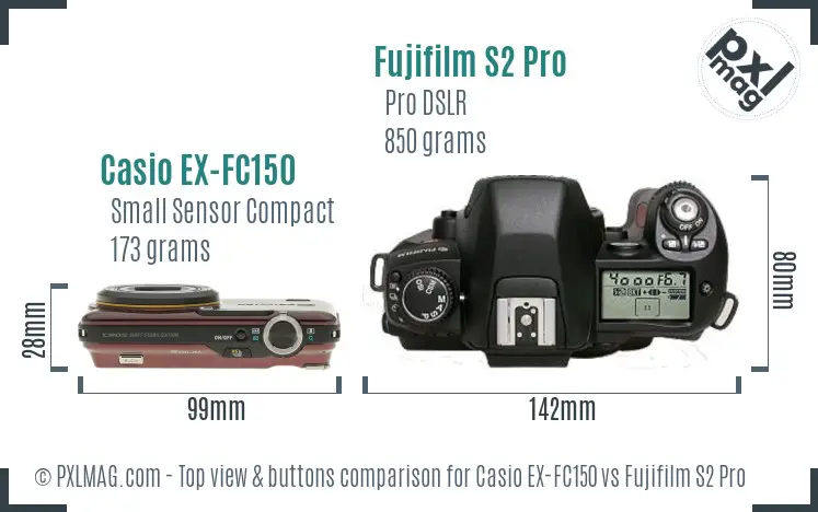 Casio EX-FC150 vs Fujifilm S2 Pro top view buttons comparison Casio EX-FC150 vs Fujifilm S2 Pro top view buttons comparison