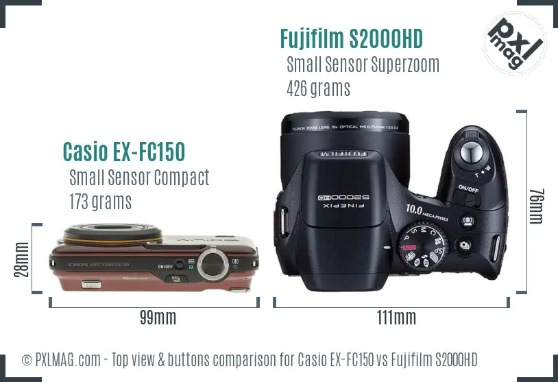 Casio EX-FC150 vs Fujifilm S2000HD top view buttons comparison Casio EX-FC150 vs Fujifilm S2000HD top view buttons comparison