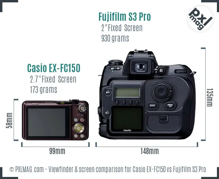 Casio EX-FC150 vs Fujifilm S3 Pro Screen and Viewfinder comparison