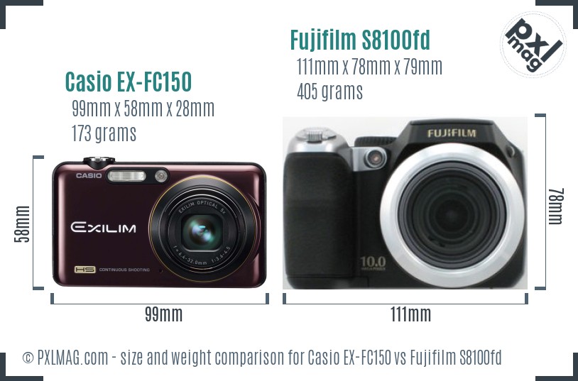 Casio EX-FC150 vs Fujifilm S8100fd size comparison