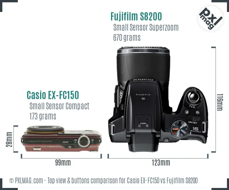 Casio EX-FC150 vs Fujifilm S8200 top view buttons comparison