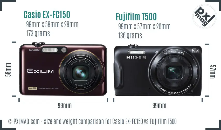 Casio EX-FC150 vs Fujifilm T500 size comparison