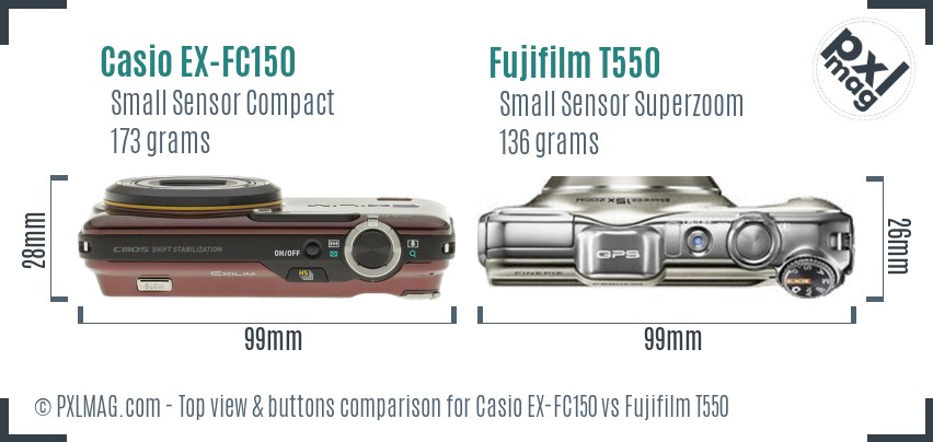 Casio EX-FC150 vs Fujifilm T550 top view buttons comparison