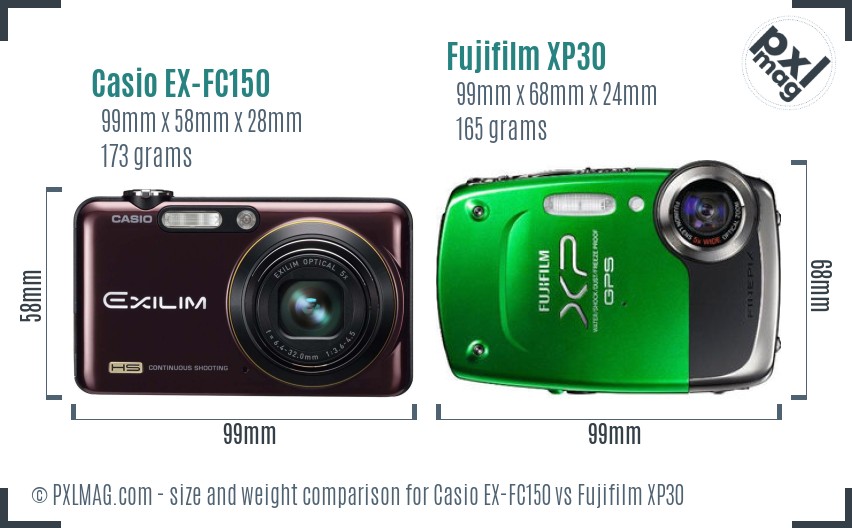 Casio EX-FC150 vs Fujifilm XP30 size comparison