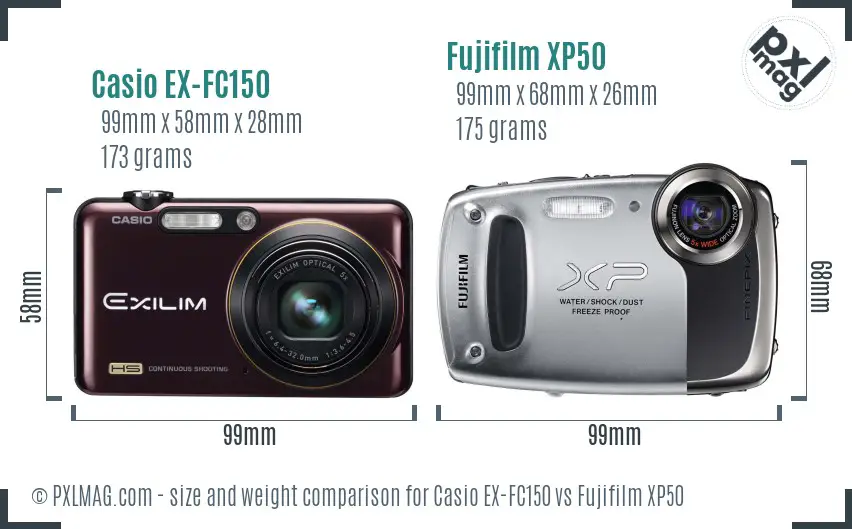 Casio EX-FC150 vs Fujifilm XP50 size comparison